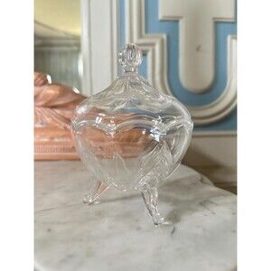 Vintage clear cut glass candy jar dish with lid with three feet